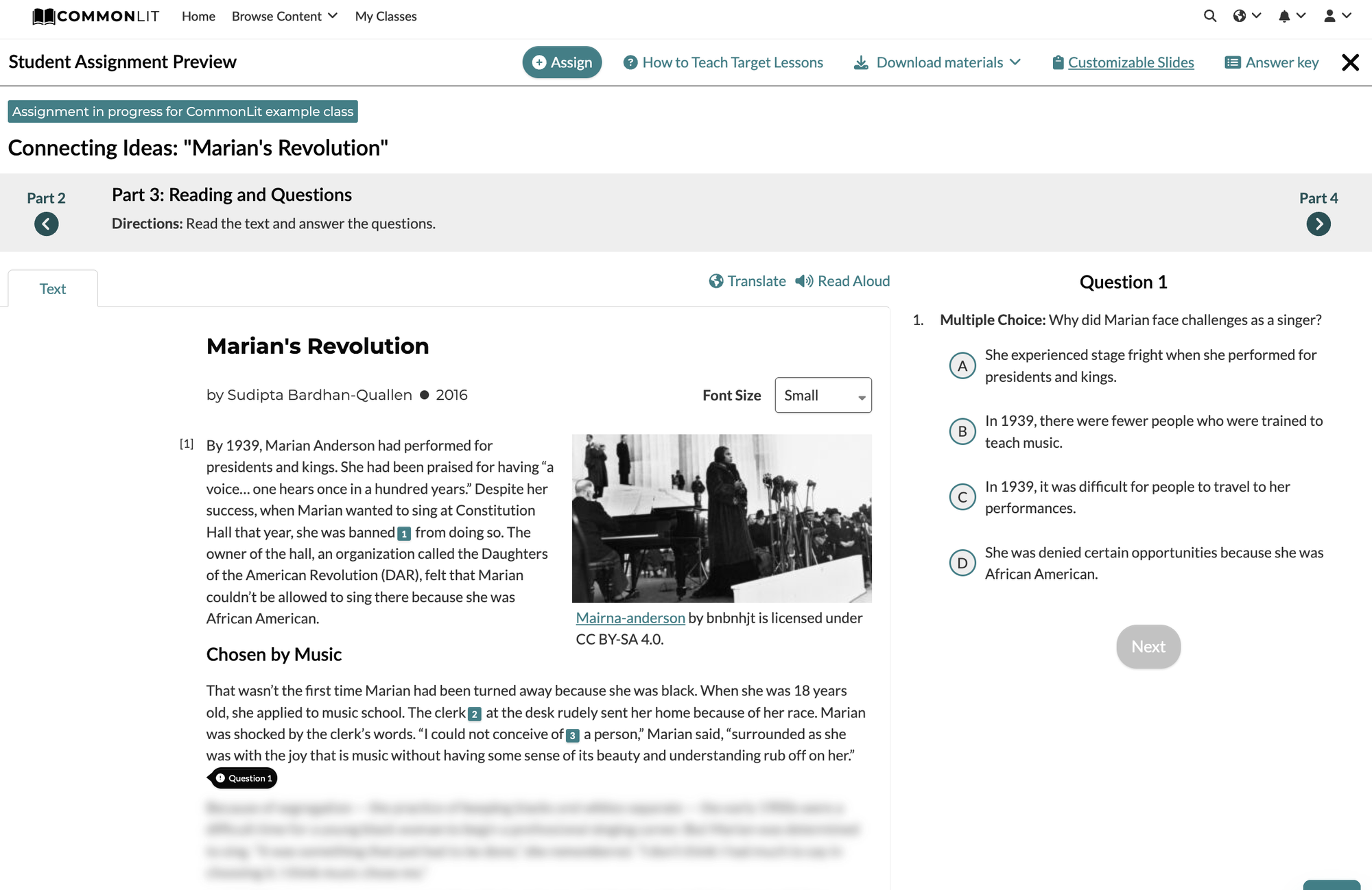 Reading and Question section for Marian's Revolution Target Lesson