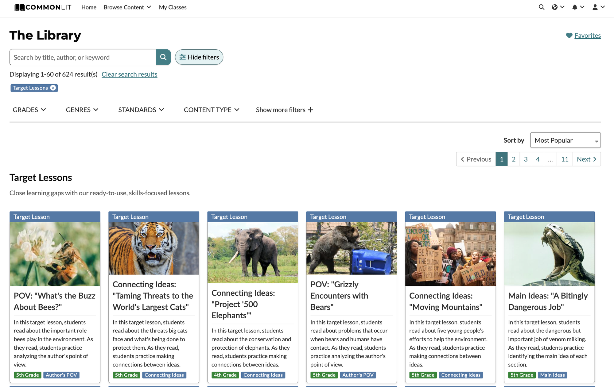 CommonLit's Library with Target Lesson section highlighted