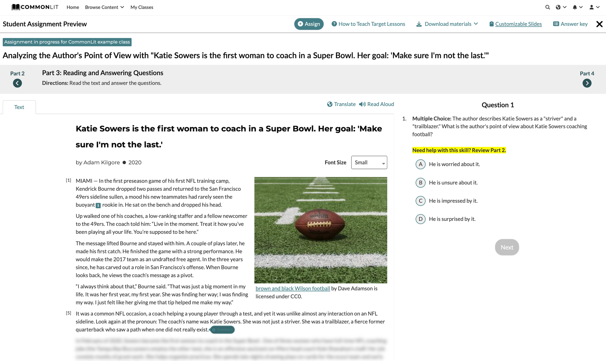 Assessment section of "Katie Sowers" Target Lesson with Assessment Question 1 highlighted