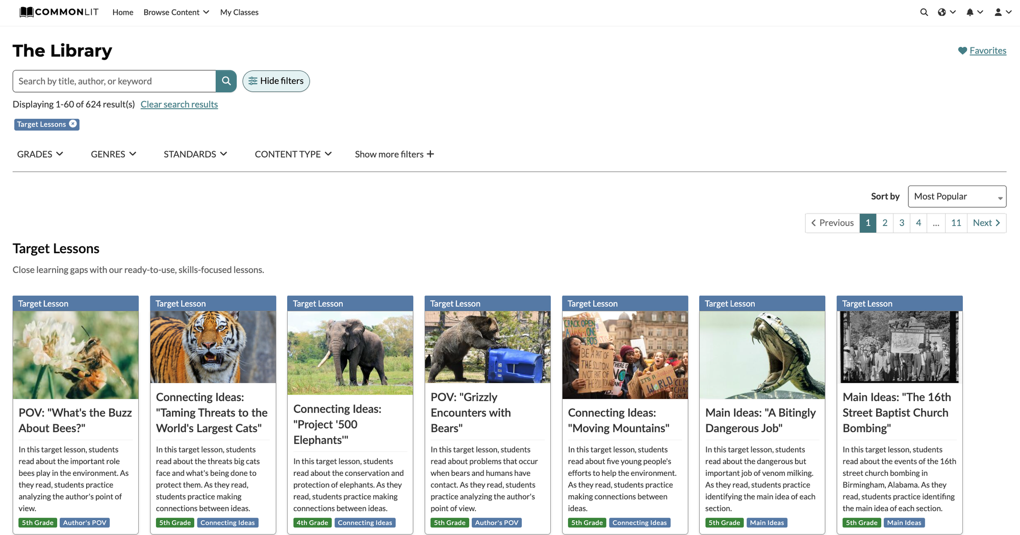 CommonLit's Target Lesson page on the library
