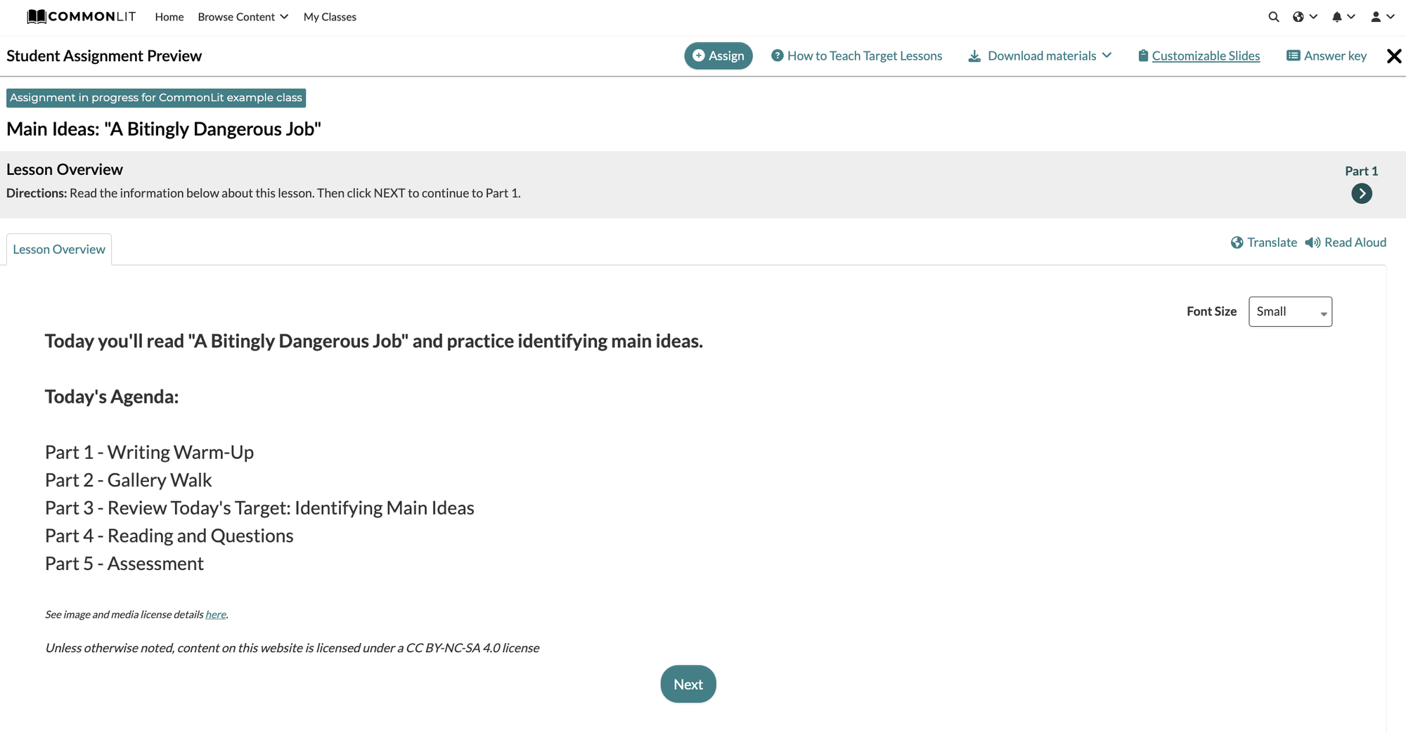 Screenshot of "Target" section of "A Bitingly Dangerous Job" lesson