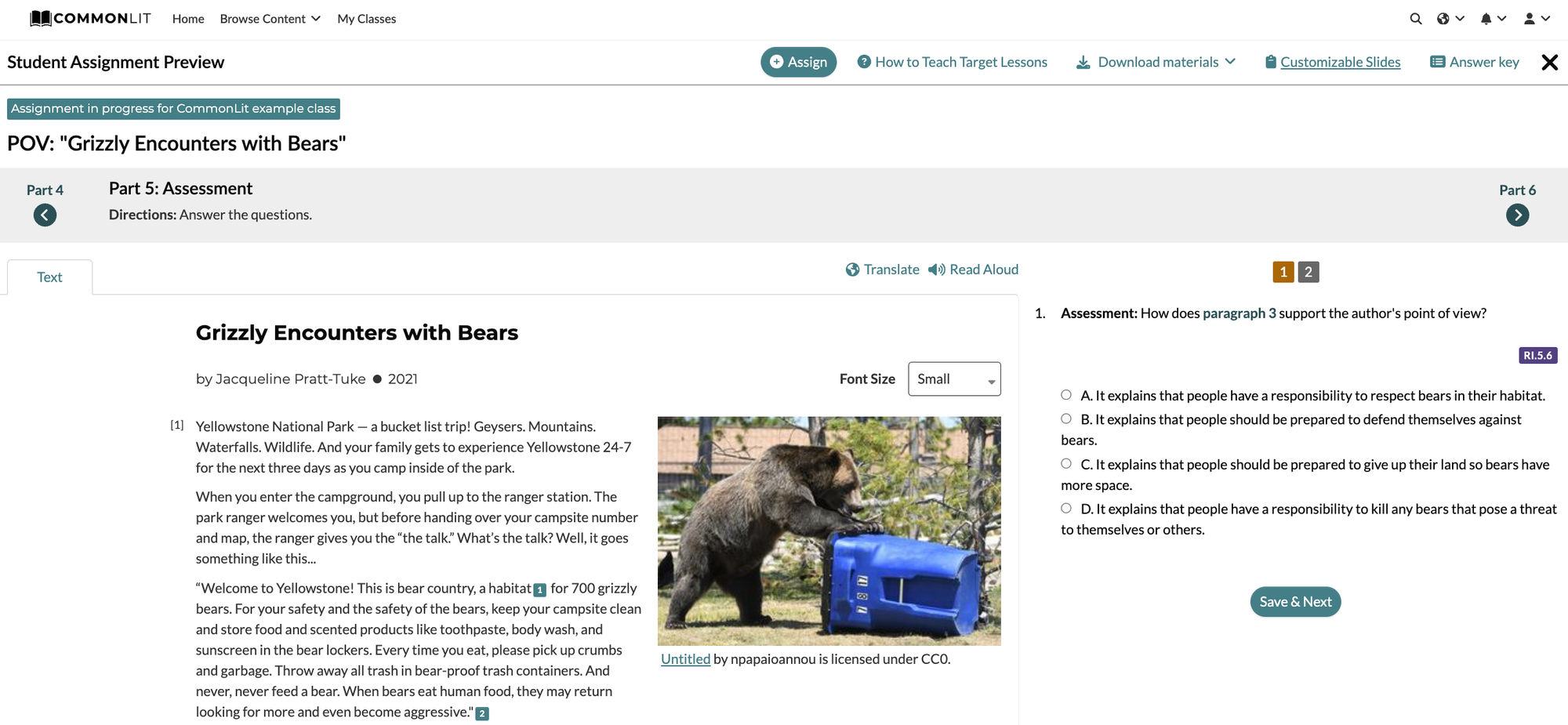 Screenshot of "Assessment" section in "Grizzly Encounters with Bears" lesson.