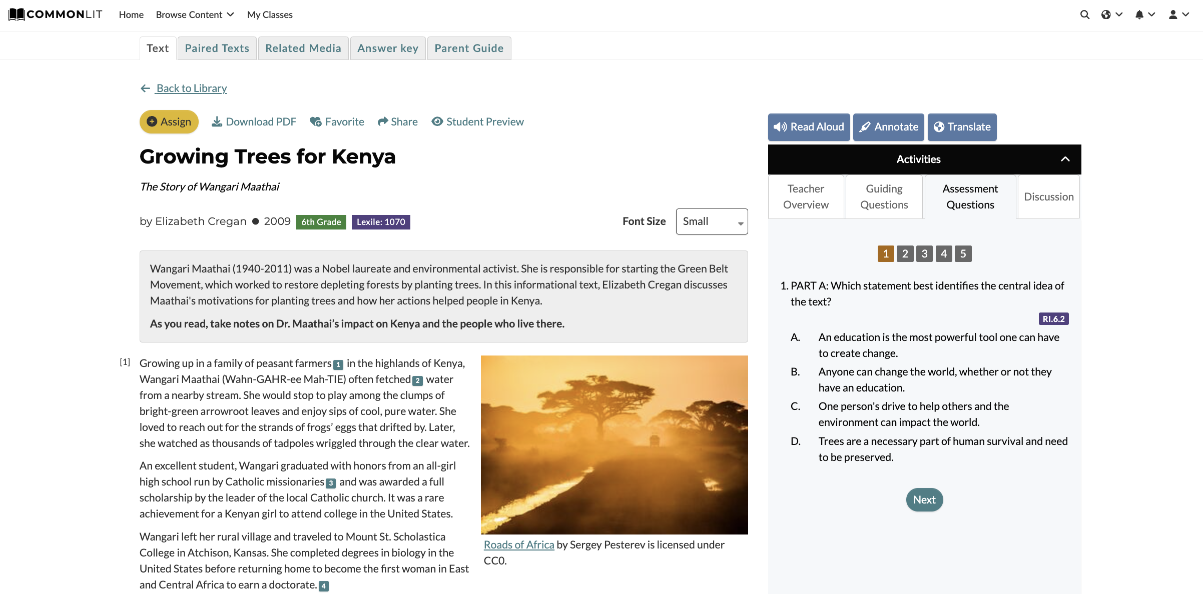 CommonLit's lesson "Growing Trees For Kenya" with Assessment Questions highlighted.