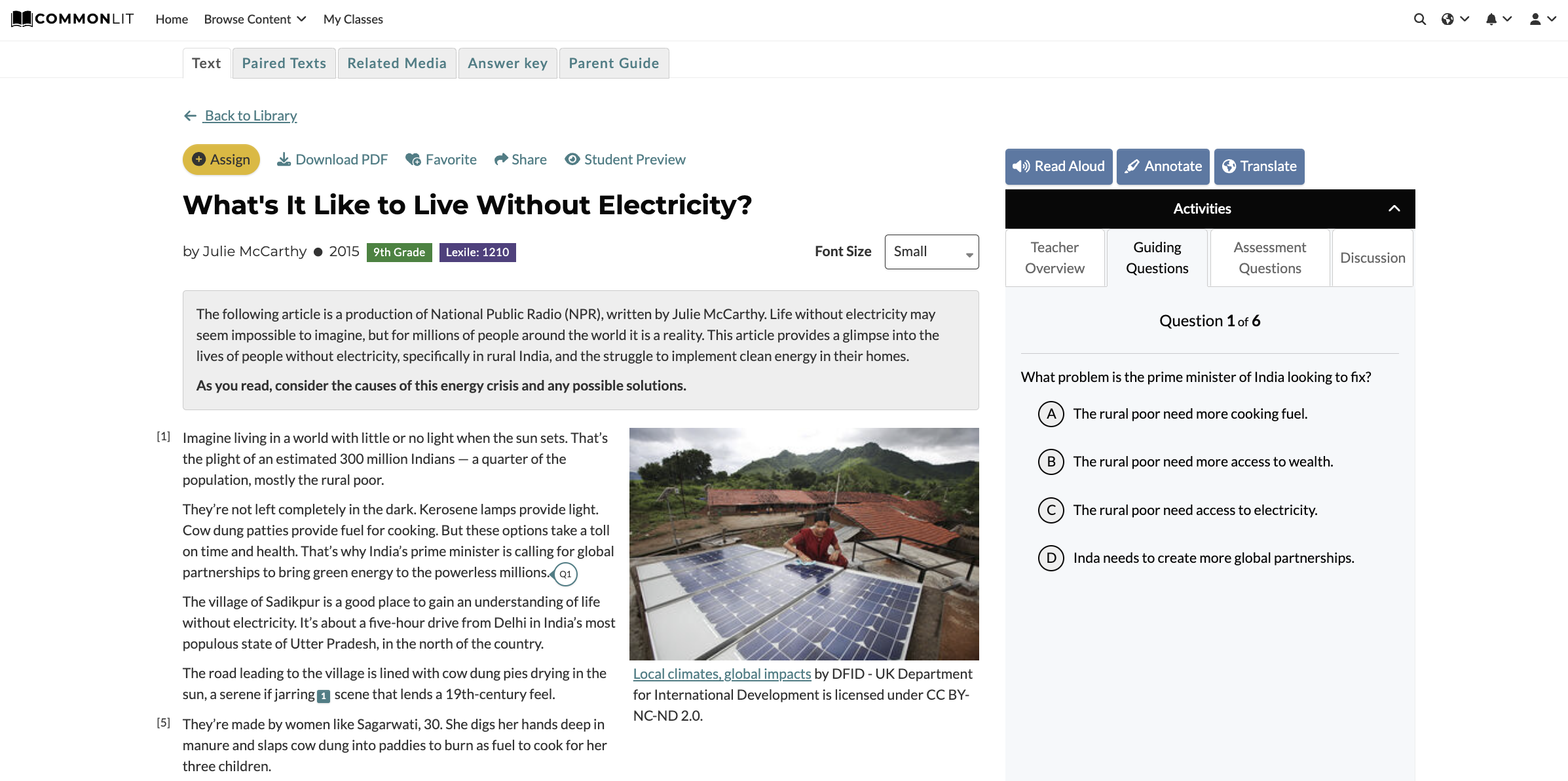 CommonLit lesson with Guiding Questions highlighted.
