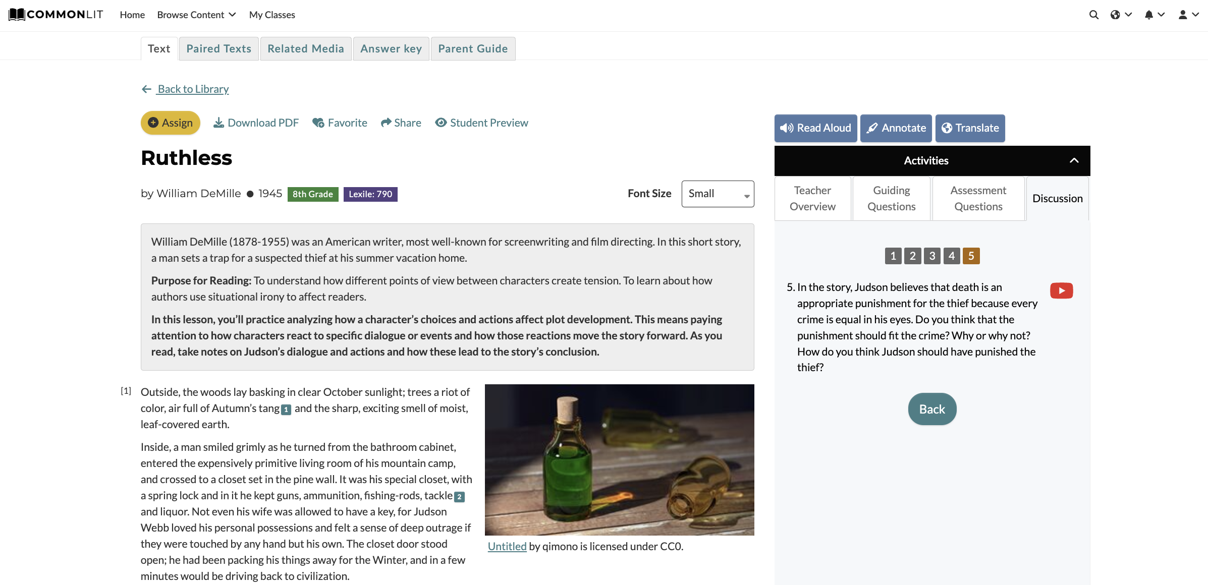 CommonLit lesson "Ruthless" with Discussion Question 5 highlighted