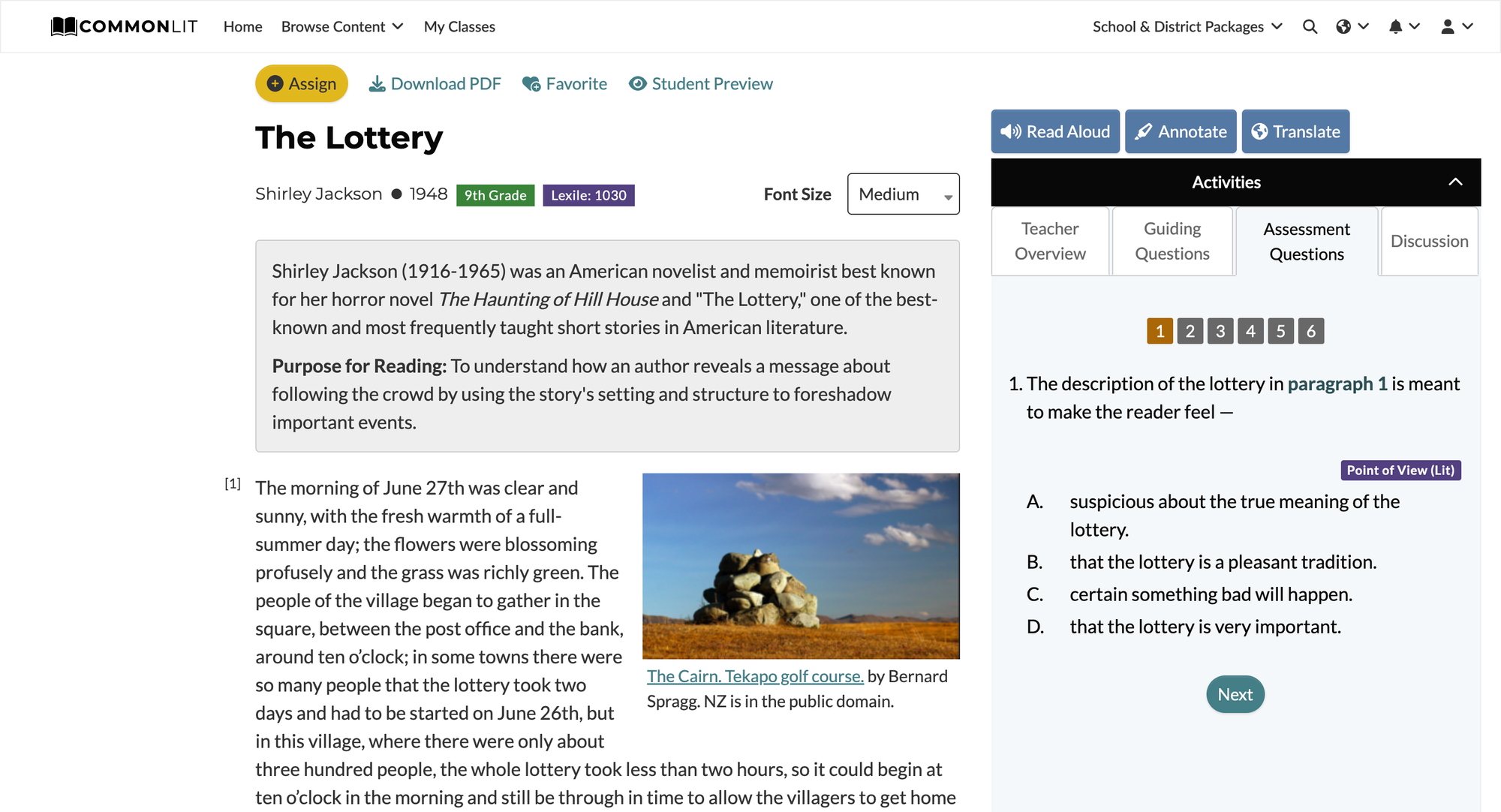 A reading lesson with a question that could be assigned to a student digitally or printed.