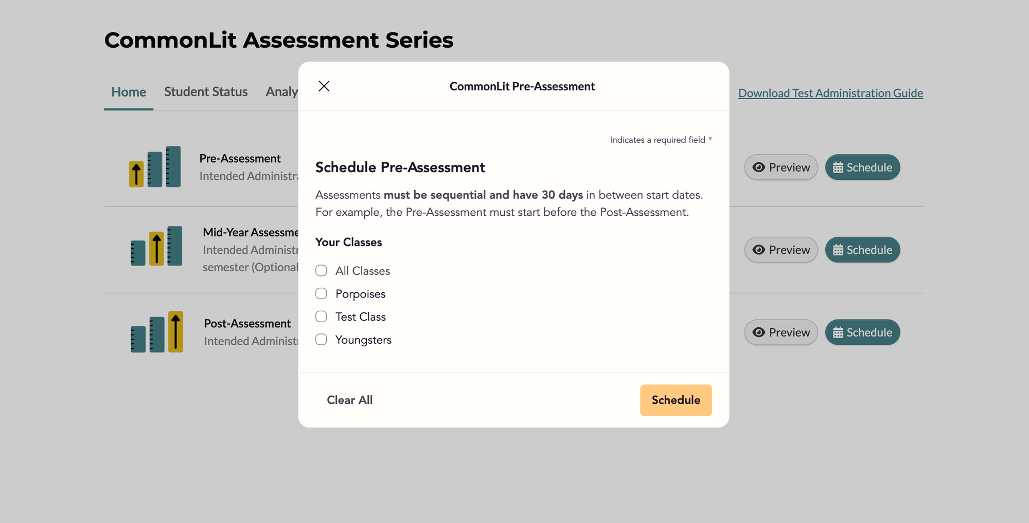 Screenshot of scheduling the CommonLit Assessment Series.