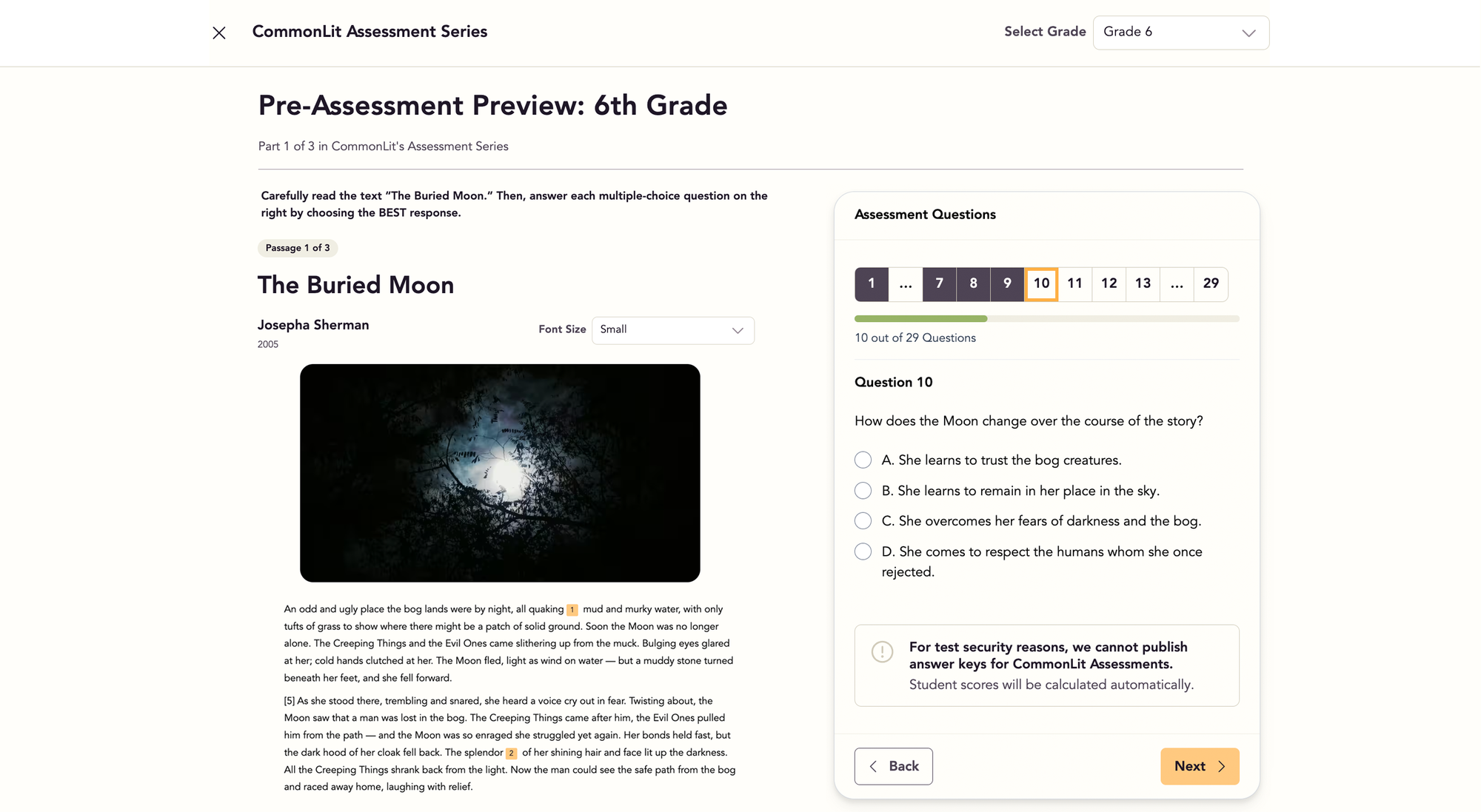 Sample of CommonLit's Pre-Assessment for 6th Grade.
