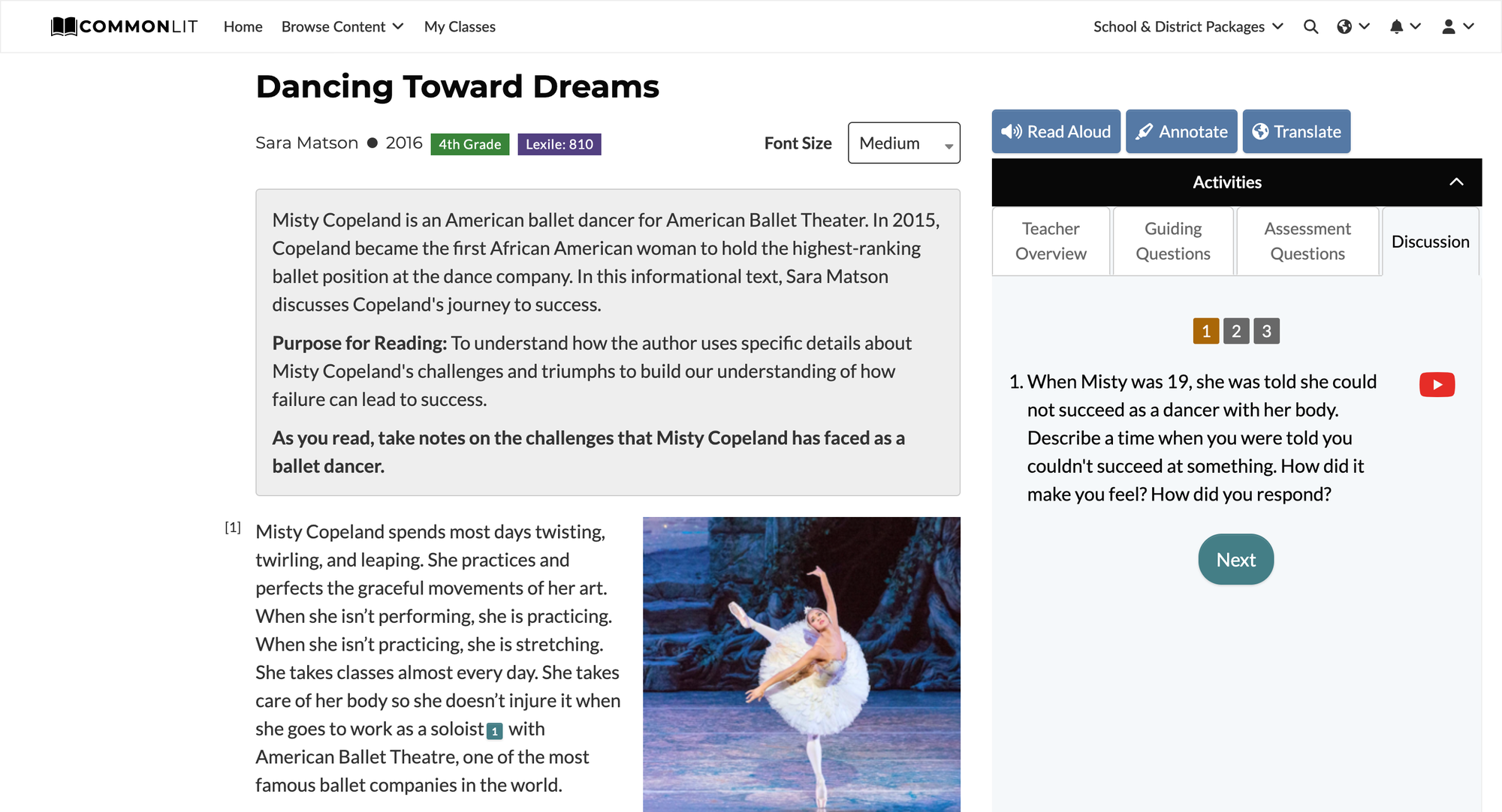 "Dancing Towards Dreams" lesson on CommonLit