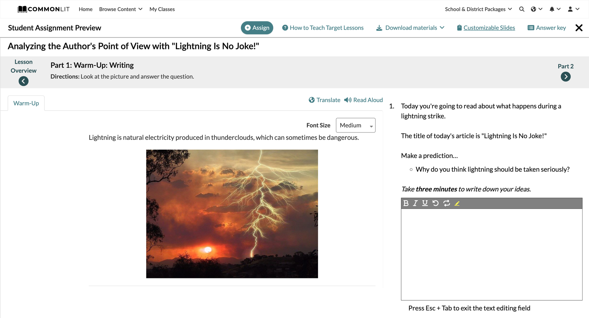 CommonLit Target Lesson warm-up on the author's point of view