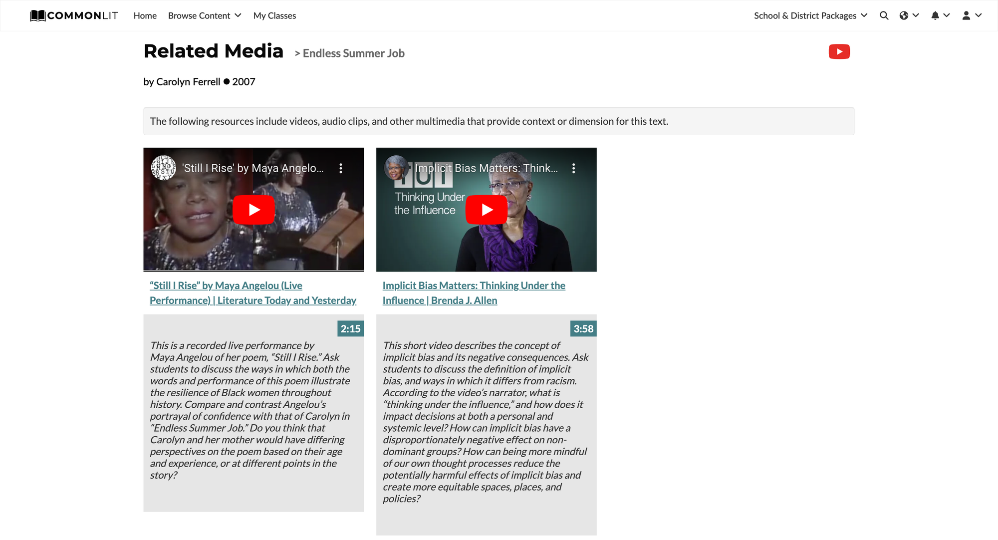 A screenshot of the related media tab for Endless Summer Job, which is one of the best memoirs for high school students to read.