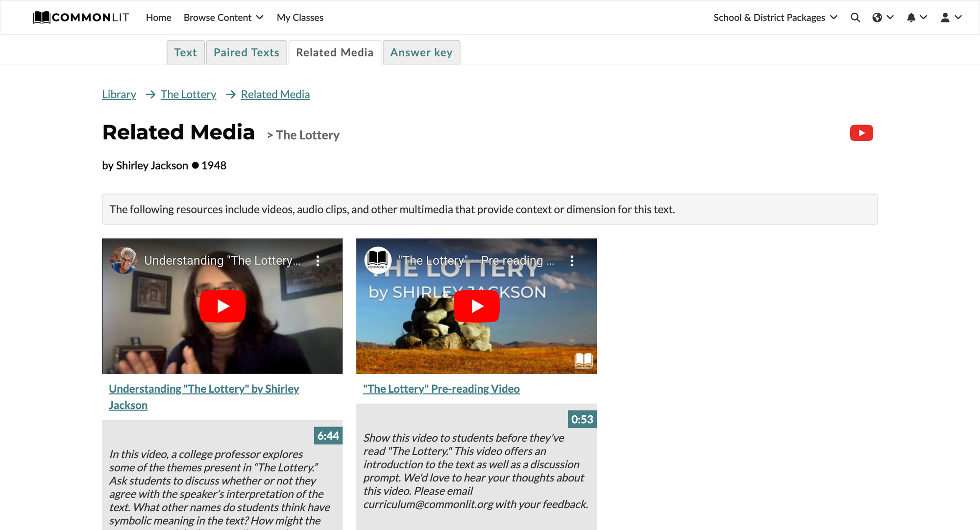Related Media tab on CommonLit's website.