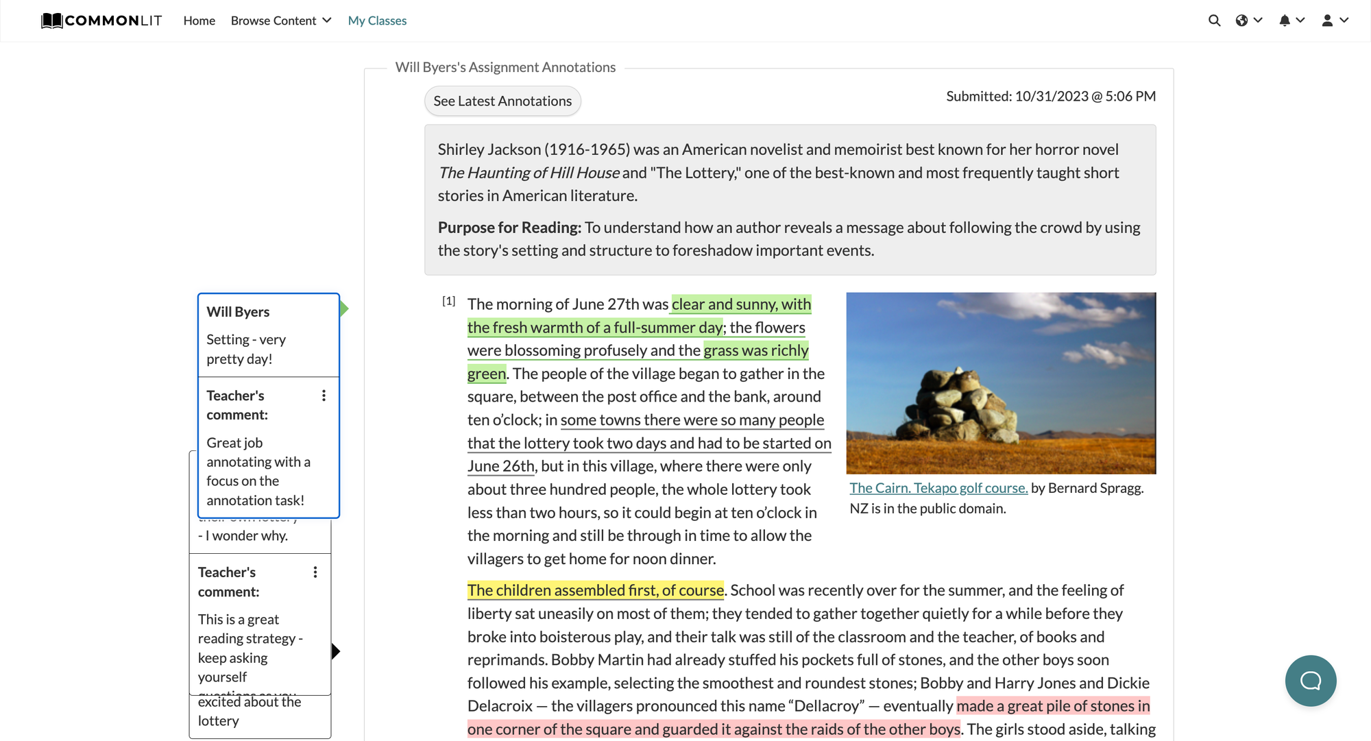 Student annotations on the text "The Lottery."
