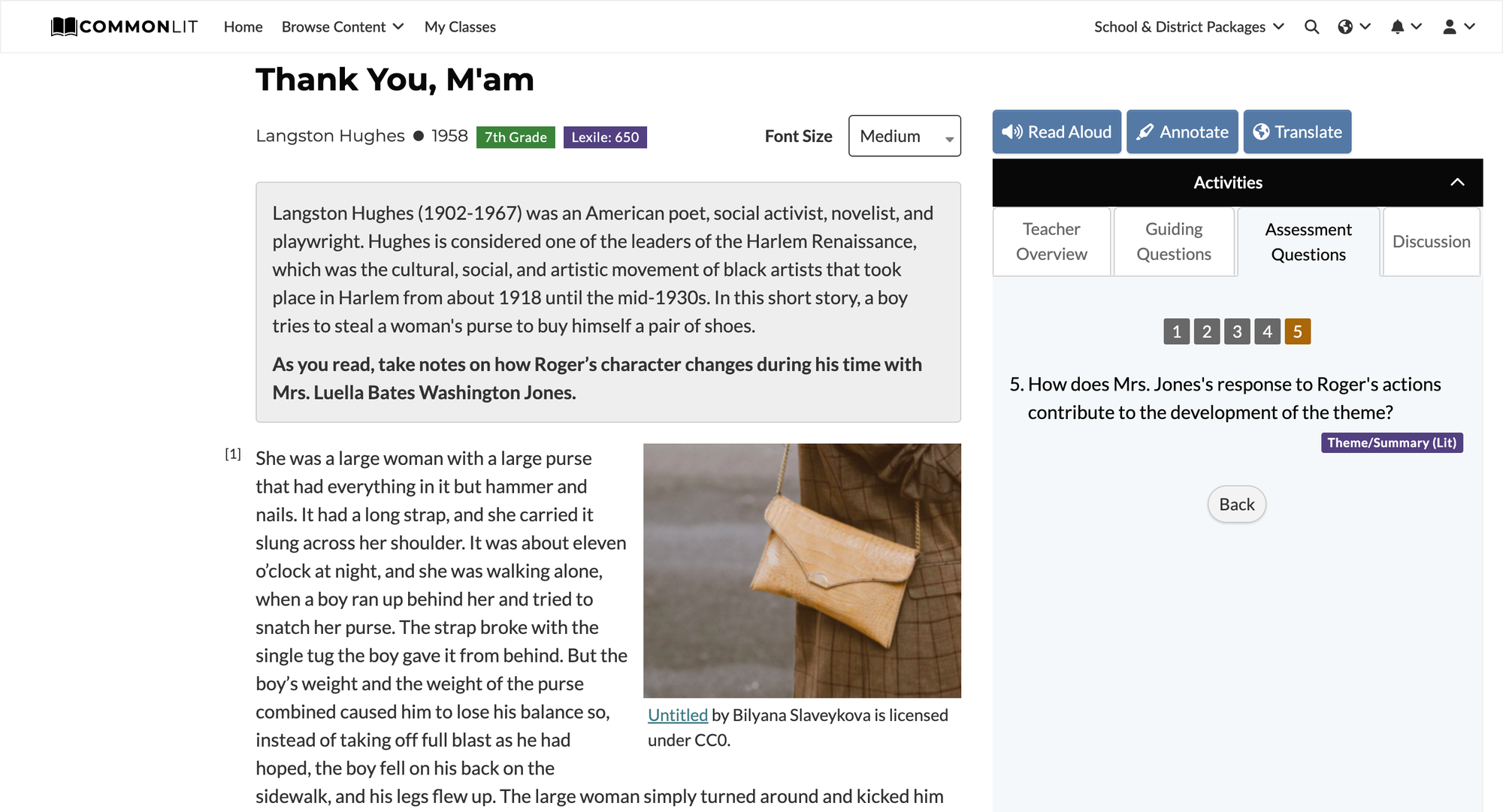 A screenshot of an assessment question about a short story about love.