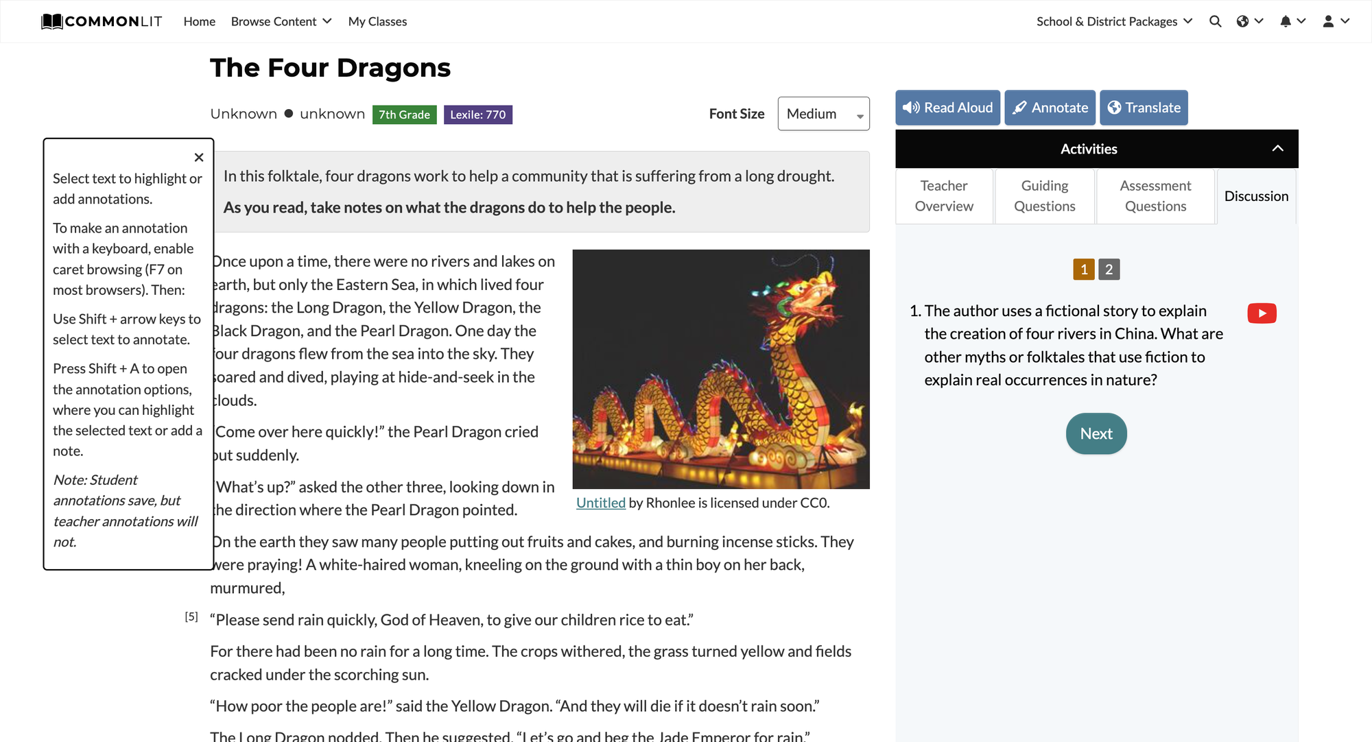 CommonLit lesson for "The Four Dragons," a popular folktale, with directions on how to use the annotation tool.