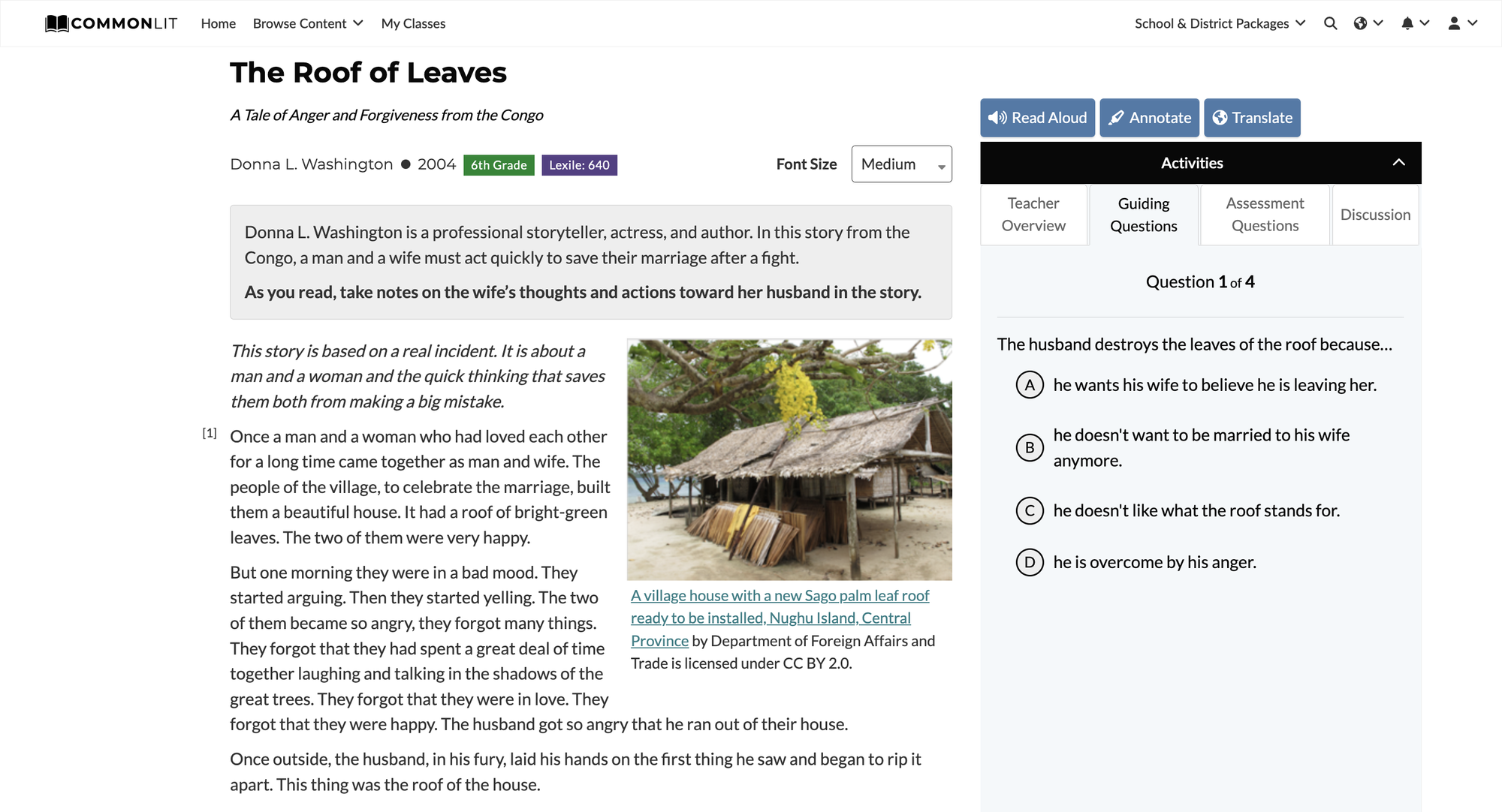 CommonLit lesson for "The Roof of Leaves" by Donna L. Washington with the Guided Questions tab highlight. This CommonLit text is a great example of folklore for middle school kids.