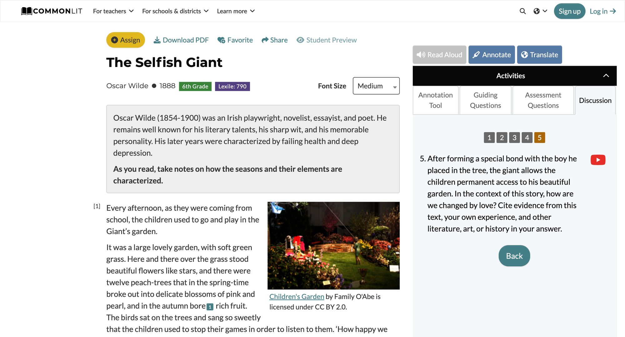 Screenshot of a short story about the power of love called "The Selfish Giant"