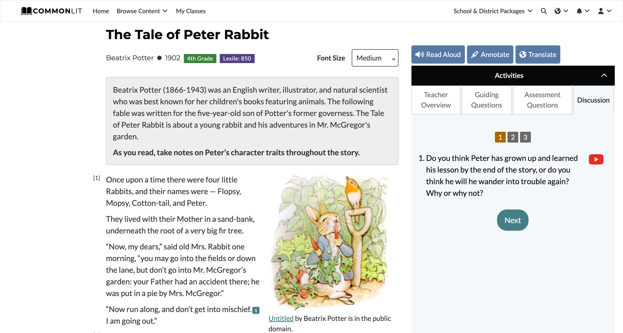 "The Tale of Peter Rabbit" lesson on CommonLit.