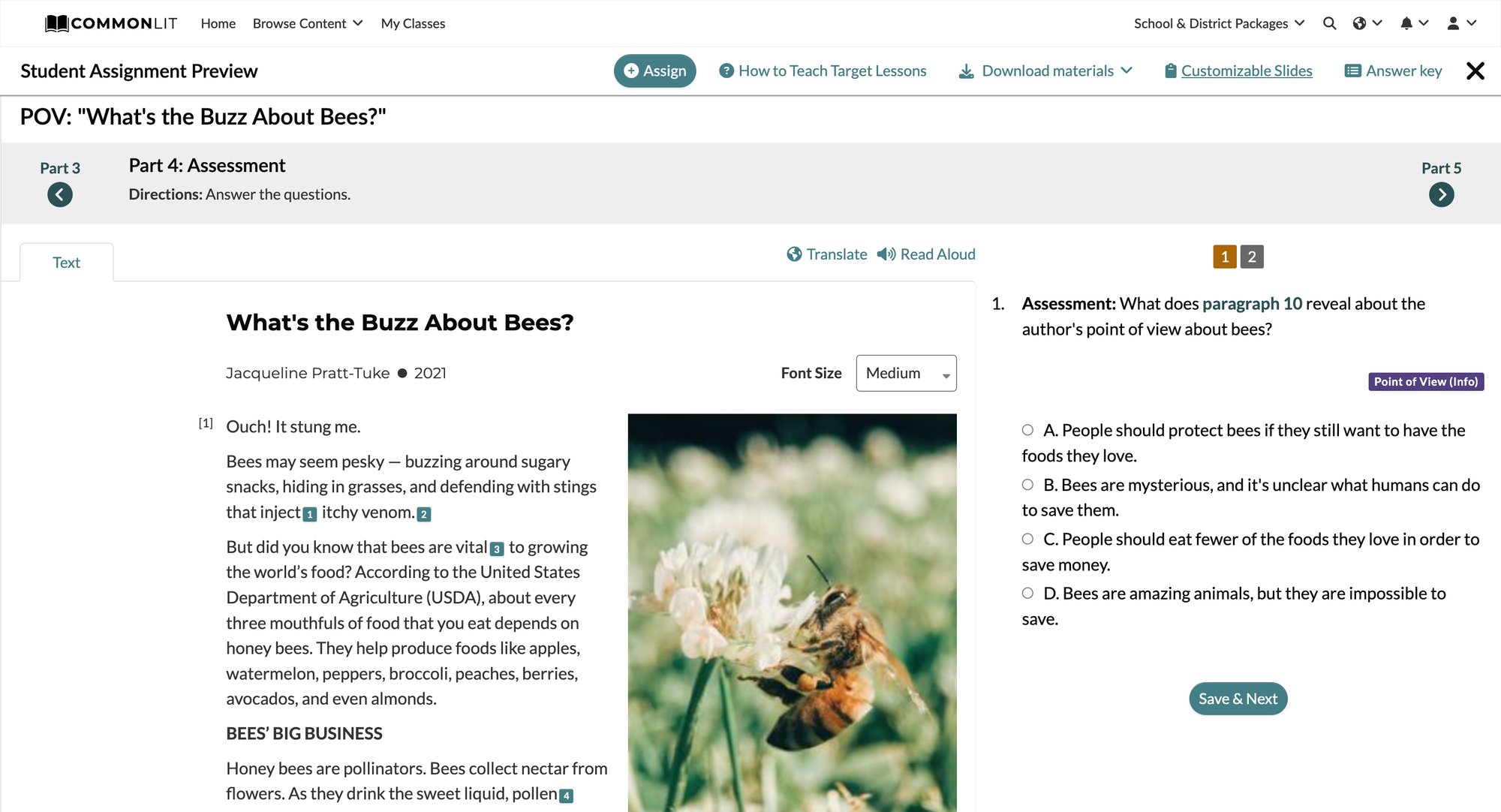 CommonLit's target lesson, which teaches students how to analyze author's point of view.