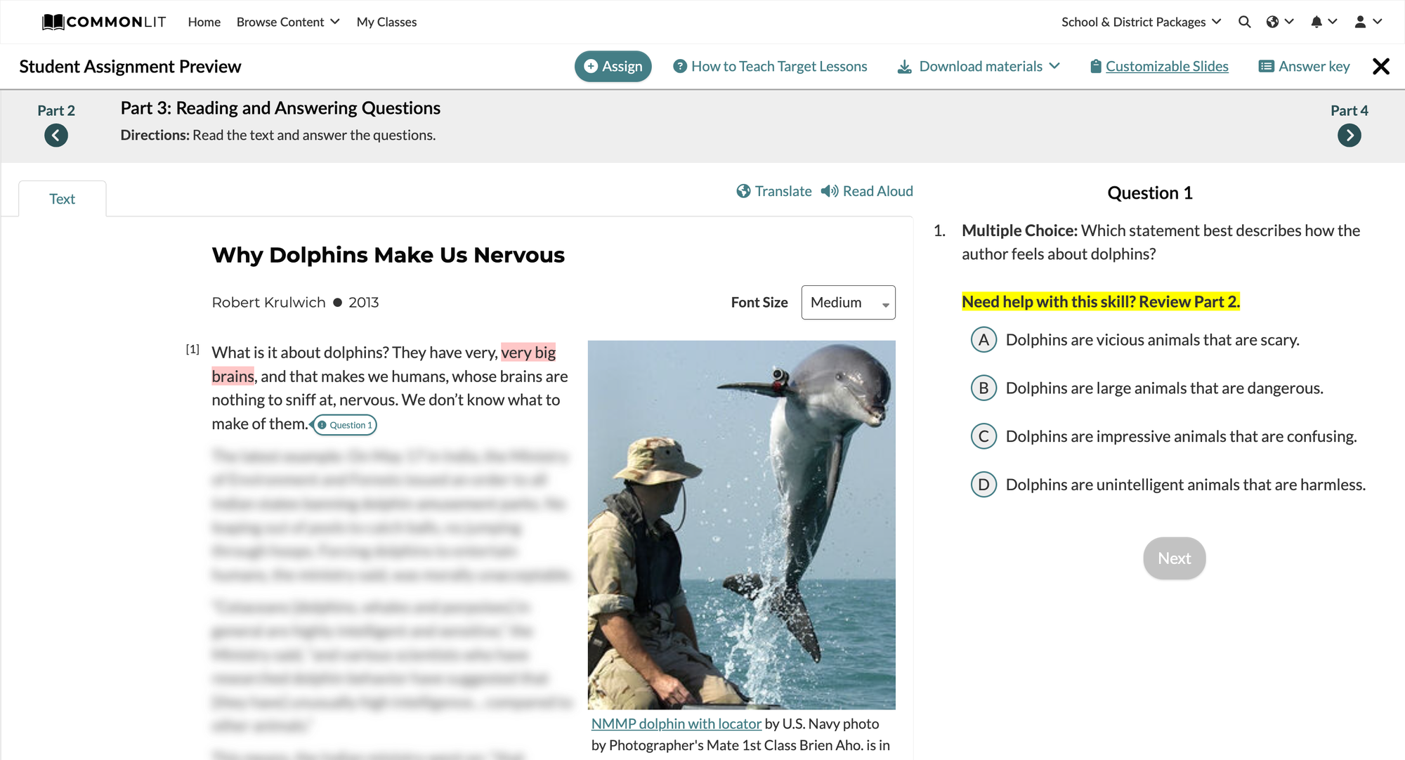 CommonLit target lesson that includes author's point of view passages
