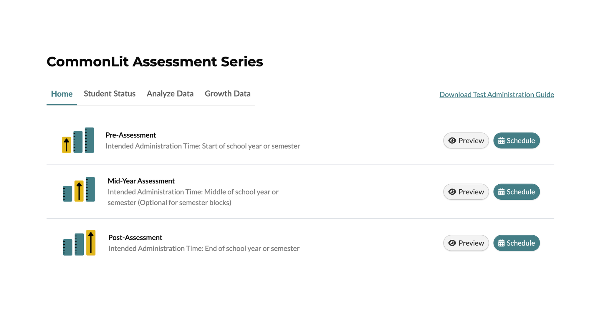 A screen shot of the Assessment Series data dashboard, demonstrating how to view student performance data.
