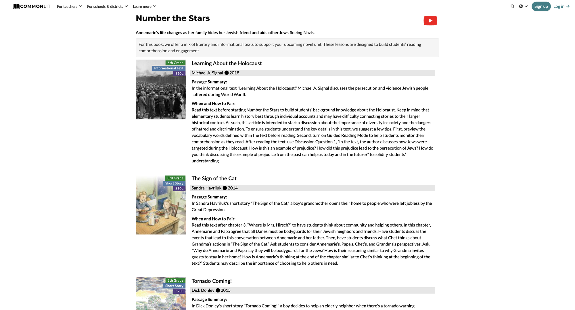 CommonLit's book pairings for the novel Number the Stars.