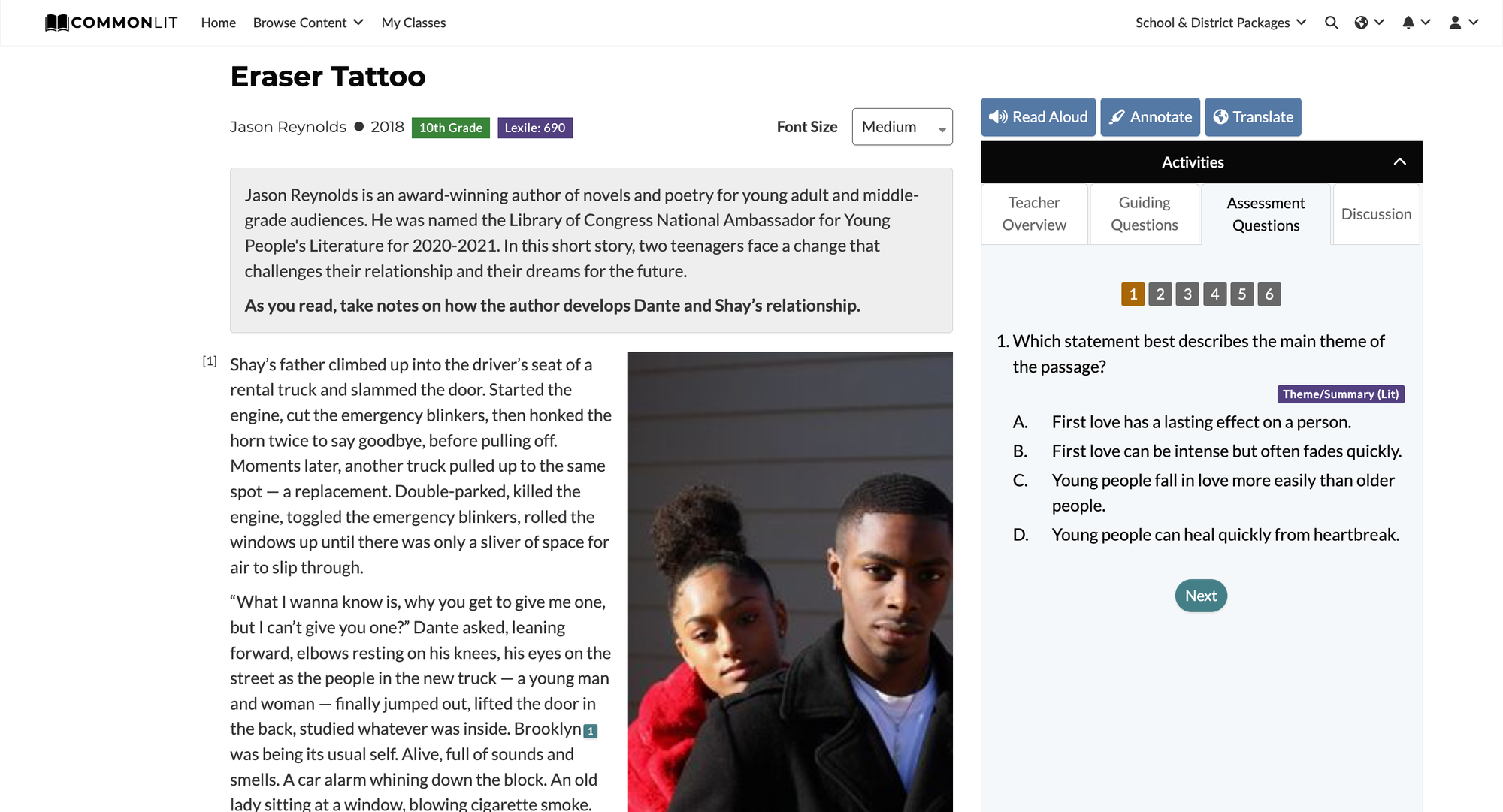 A screenshot of the "Eraser Tattoo" text on CommonLit.org.