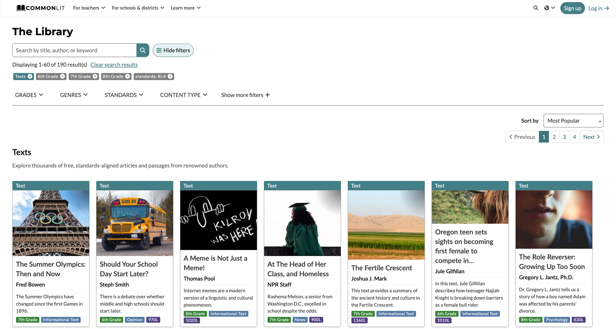 CommonLit's library filtered for middle school vocabulary and language standards.