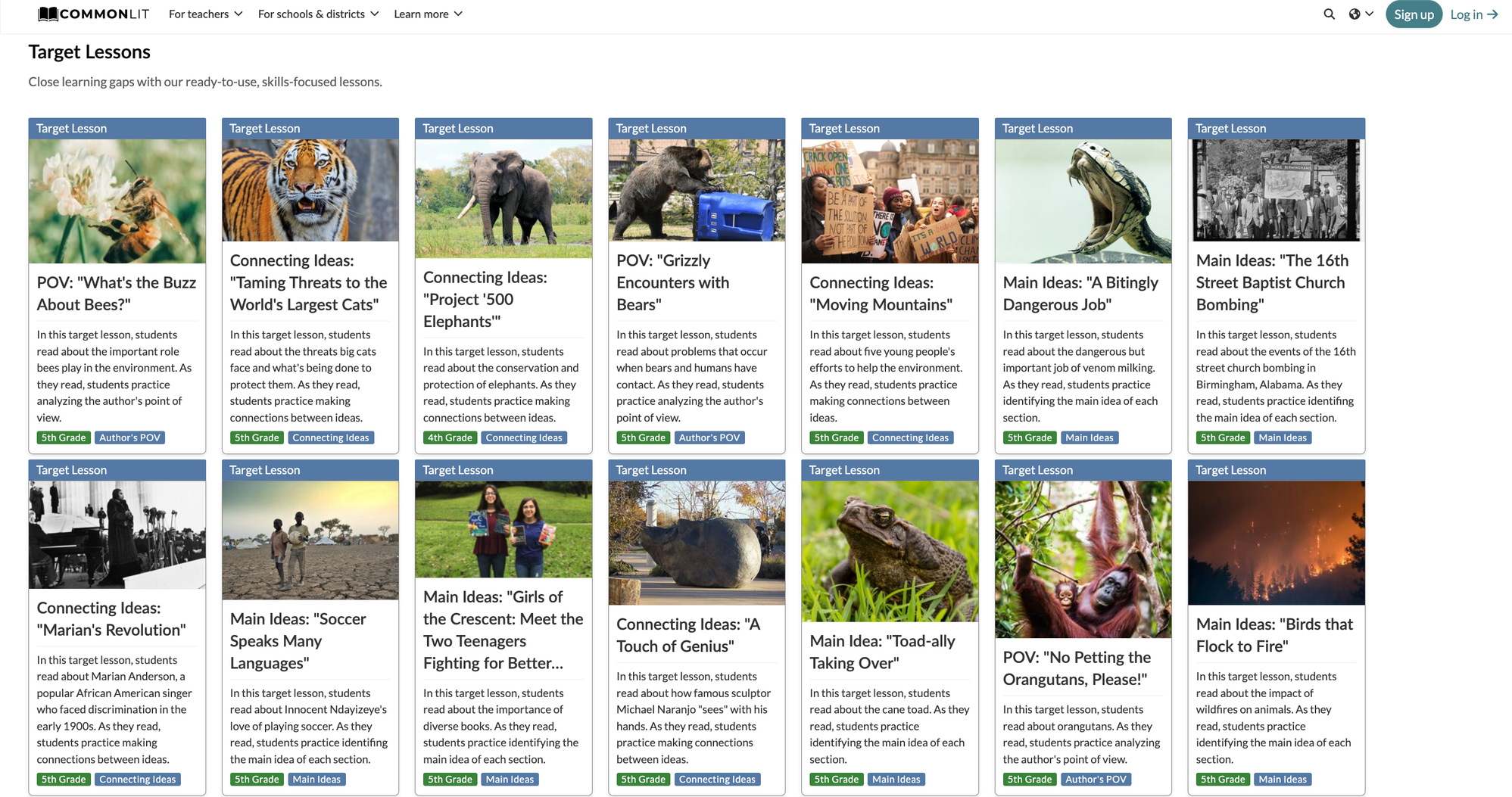Screenshot of CommonLit Target Lesson page.
