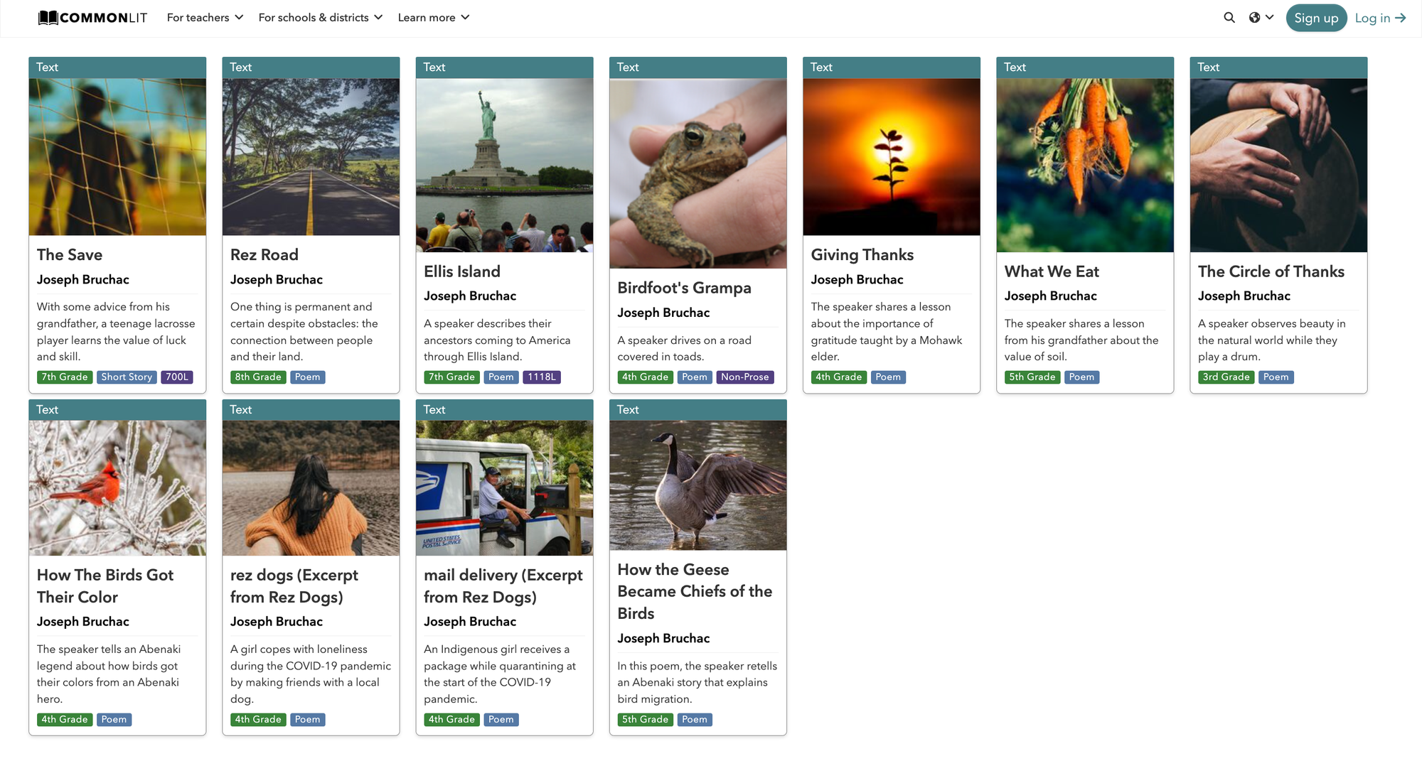 A screenshot of all the diverse texts by Joseph Bruchac on the CommonLit library, providing windows and mirrors for indigenous and non-indigenous students.