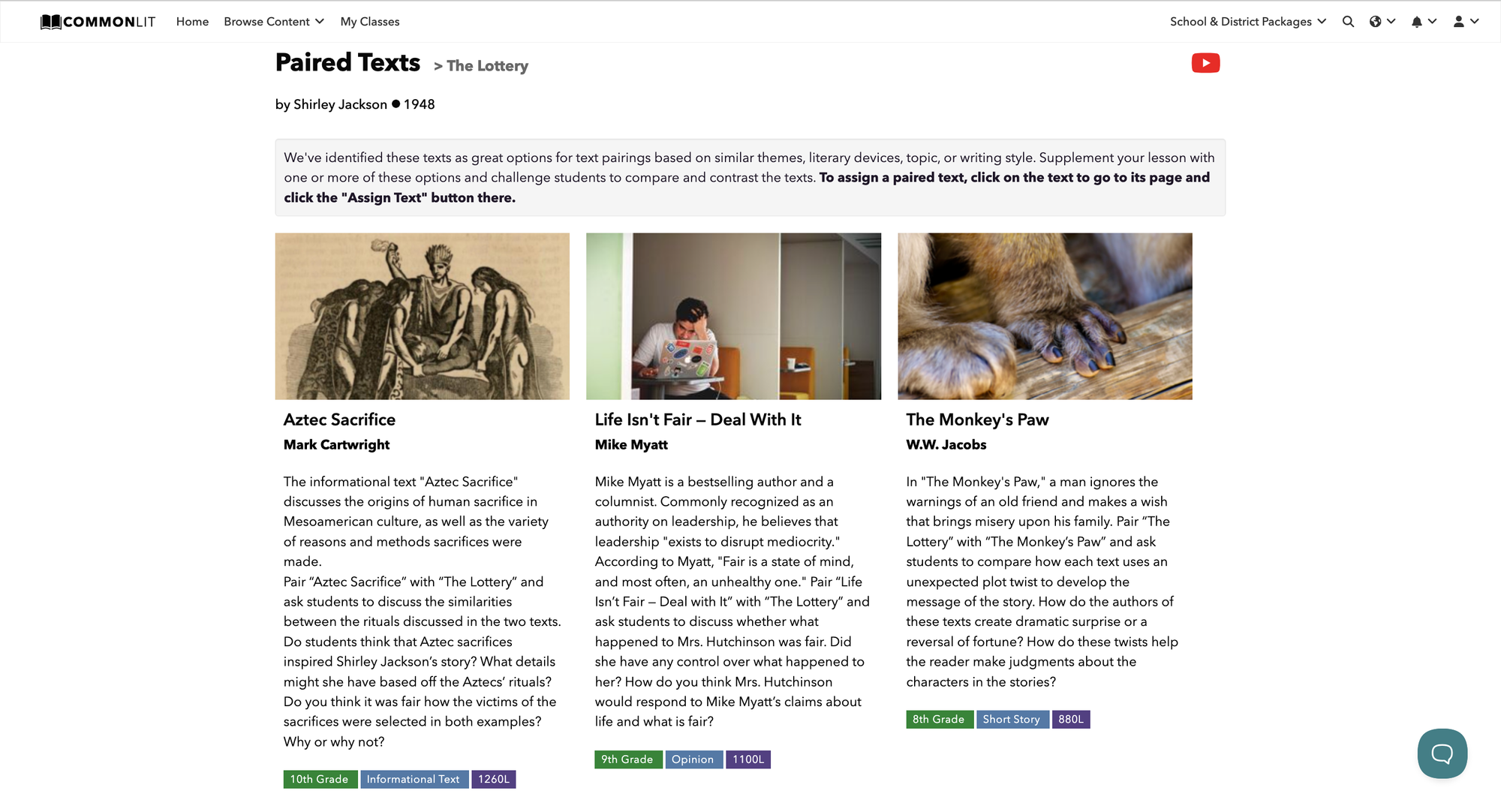 Screenshot of the paired texts tab for the short story called "The Lottery."
