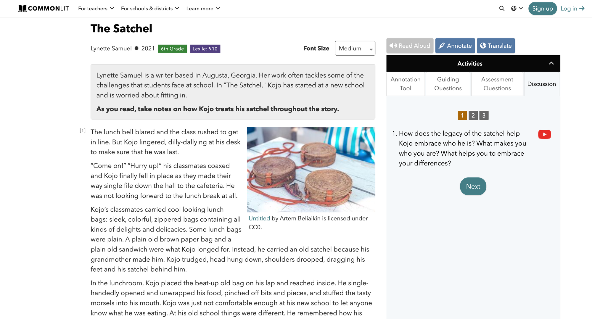 A screenshot of The Satchel, a CommonLit Original that provides windows and mirrors for students as it follows a Ghanaian student worried about not fitting in at his new school.