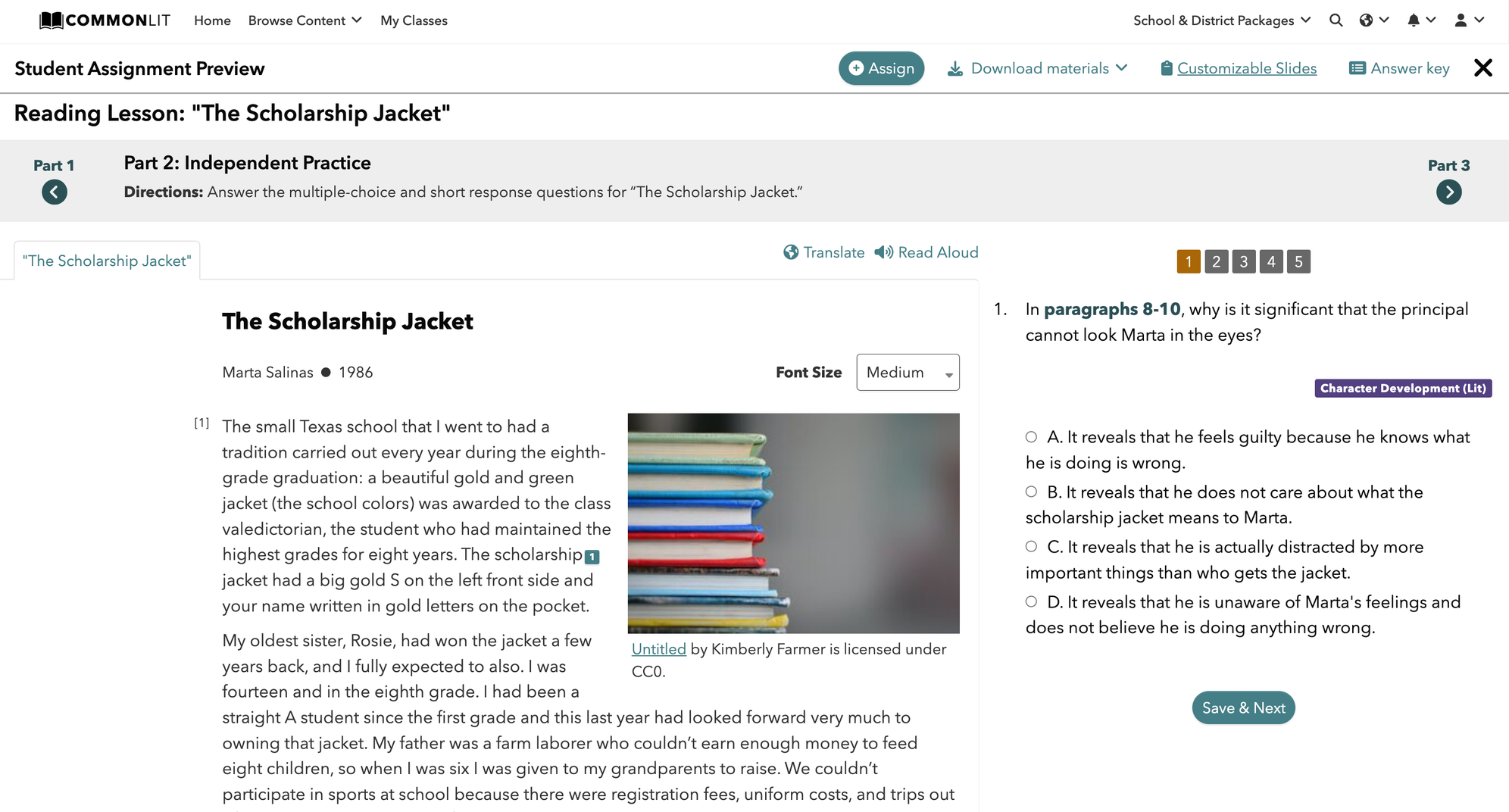 CommonLit reading lesson for "The Scholarship Jacket" by Marta Salinas.