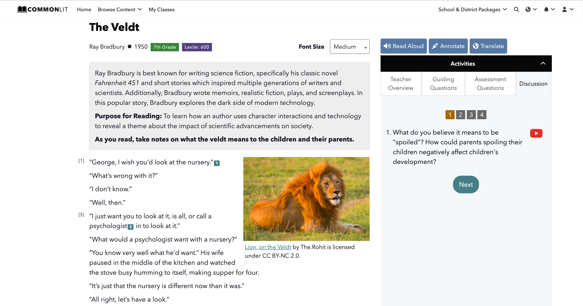A screenshot of "The Veldt," a spooky story for middle school students.
