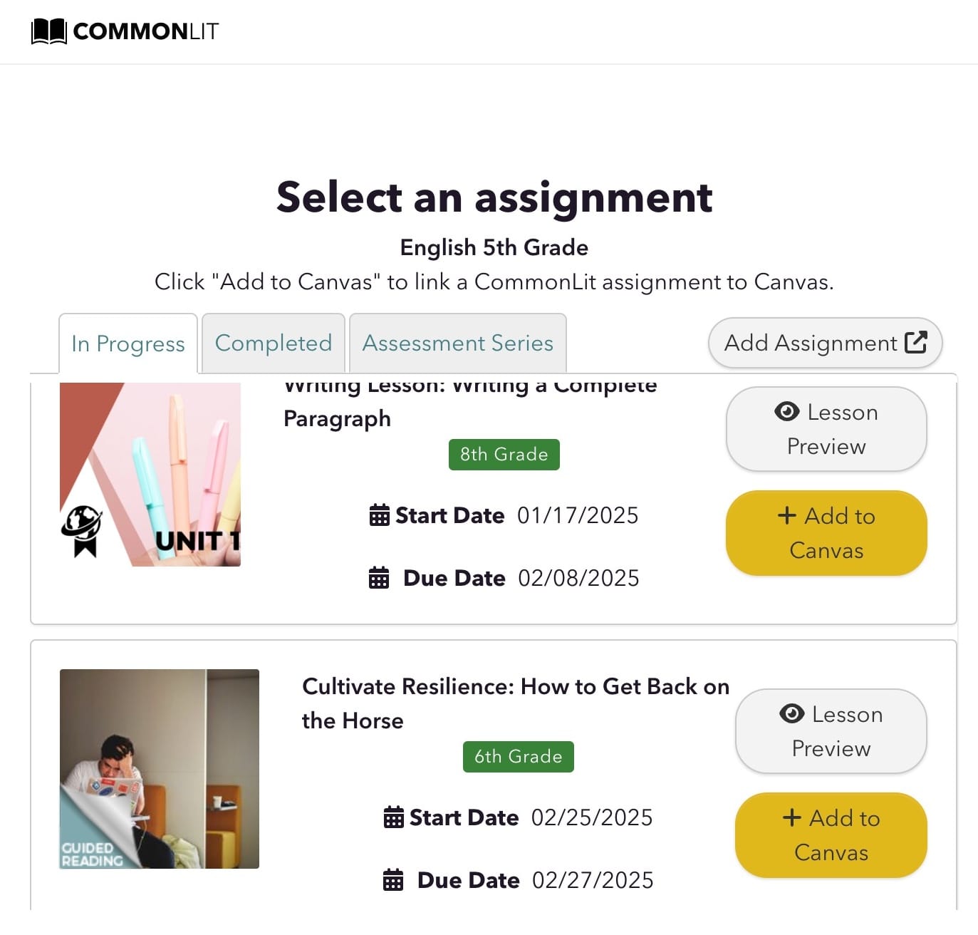 A page on CommonLit with the heading "Select an Assignment" and a button that says "Add to Canvas."