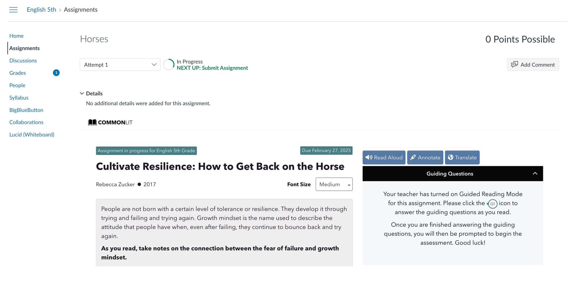 CommonLit lesson "Cultivate Resilience: How to Get Back on the Horse" assigned in Canvas.