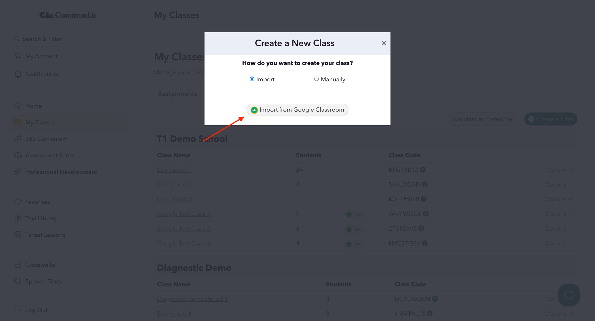 Screenshot of where you import a class from Google Classroom.