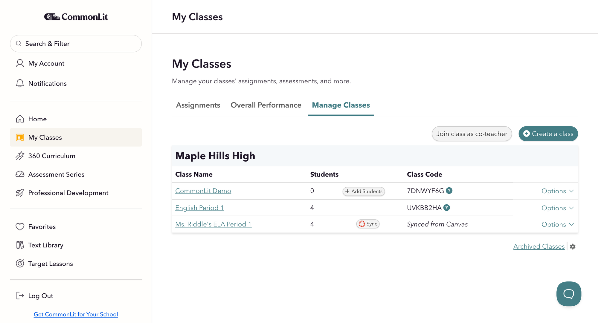 The "Manage Classes" page on CommonLit.org.