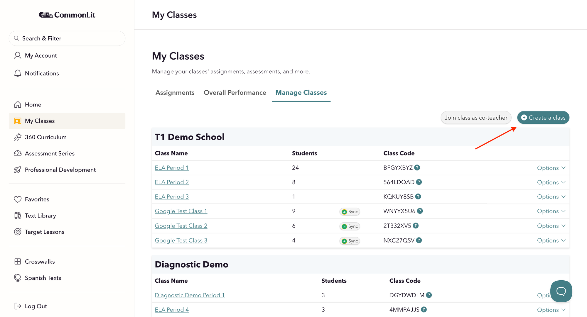 Screenshot of where you create a class on the CommonLit website.