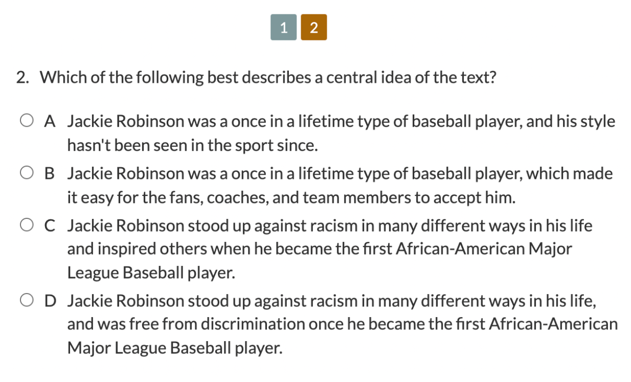 A multiple-choice assessment question that asks "Which of the following best describes a central idea of the text?"