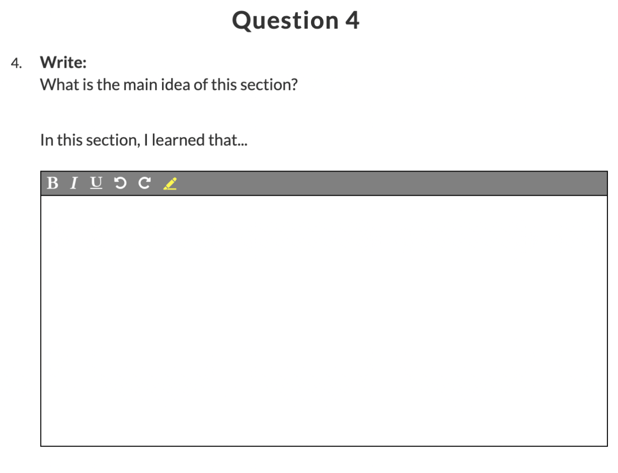 A question that says "Write: What is the main idea of this section? In this section, I learned that ..."