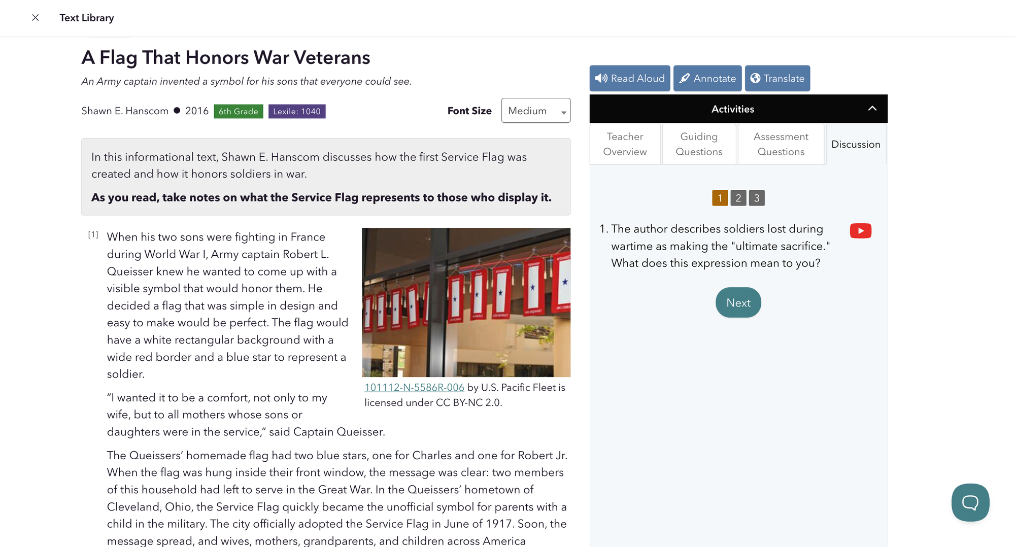 "A Flag That Honors War Veterans" CommonLit lesson