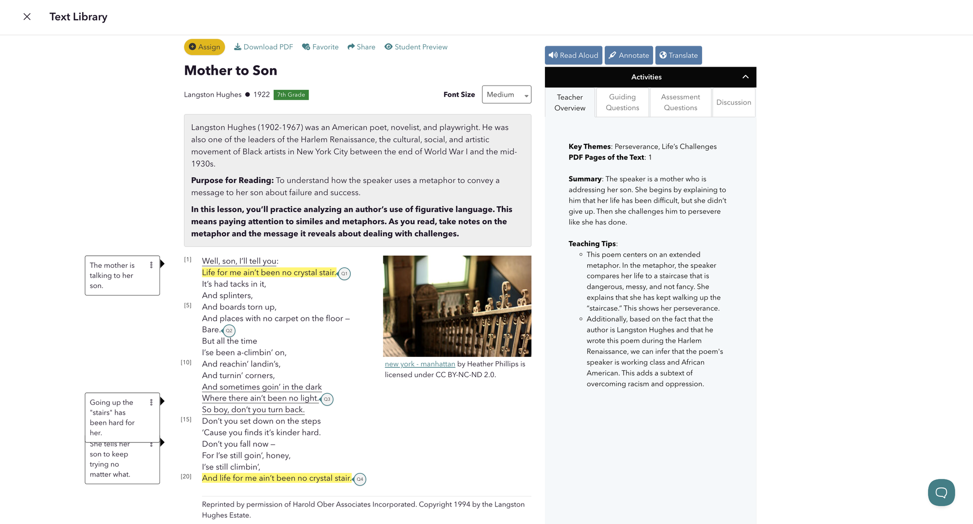 The CommonLit lesson "Mother to Son" with student annotations.