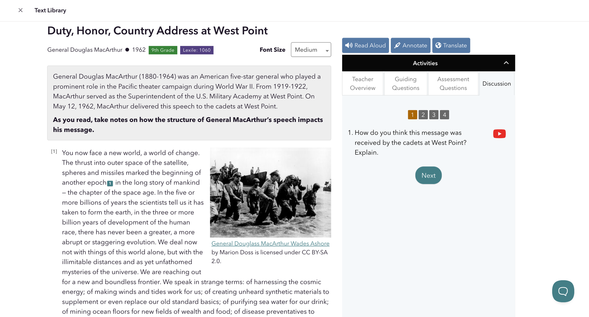 "Duty, Honor, Country Address at West Point" CommonLit lesson