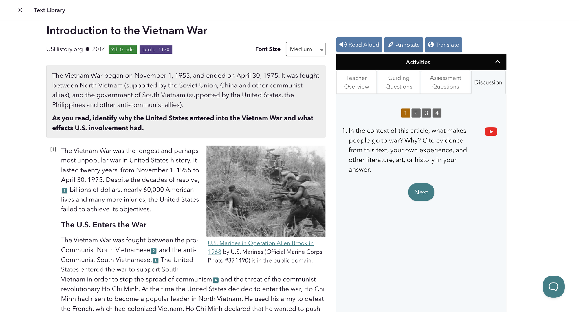 "Introduction to the Vietnam War" CommonLit lesson.