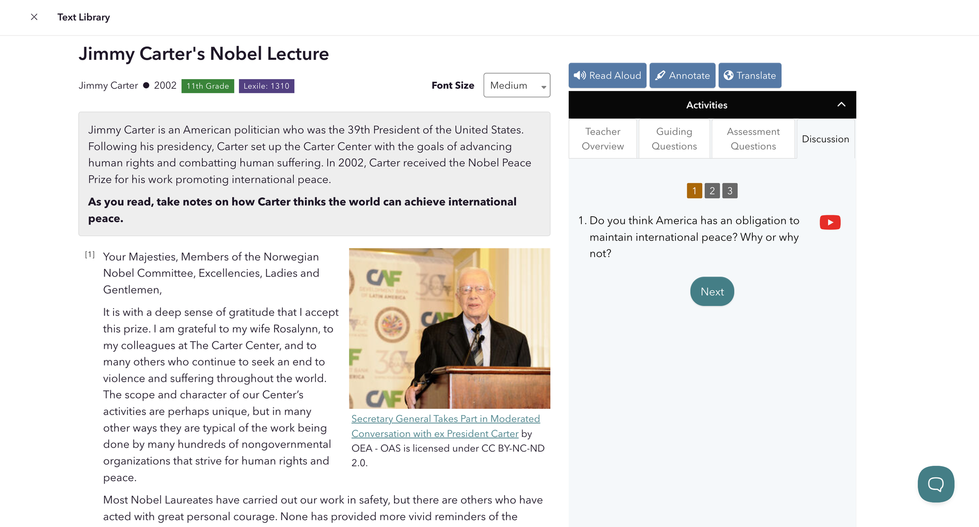 "Jimmy Carter's Nobel Lecture" CommonLit lesson