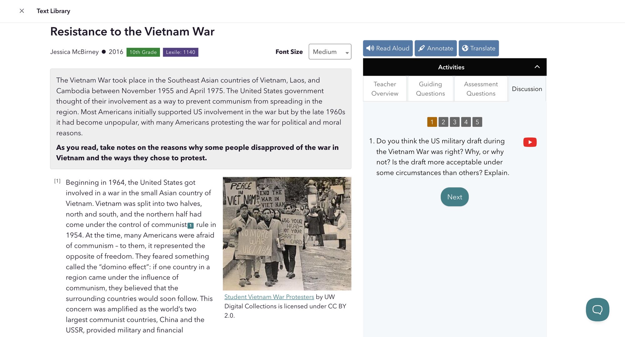 "Resistance to the Vietnam War" CommonLit lesson