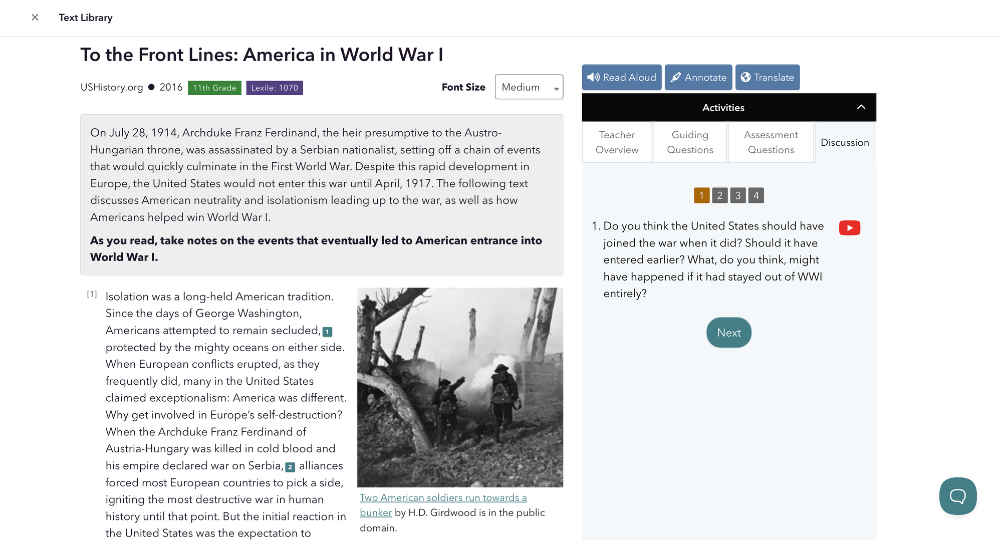 "To the Front Lines: America in World War I" CommonLit lesson