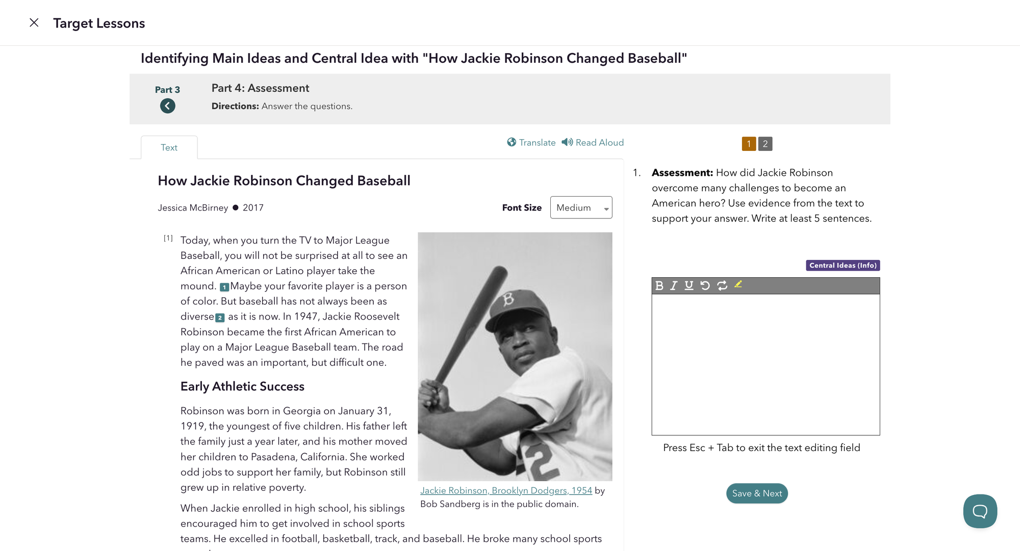 Target Lesson assessment for "How Jackie Robinson Changed Baseball."