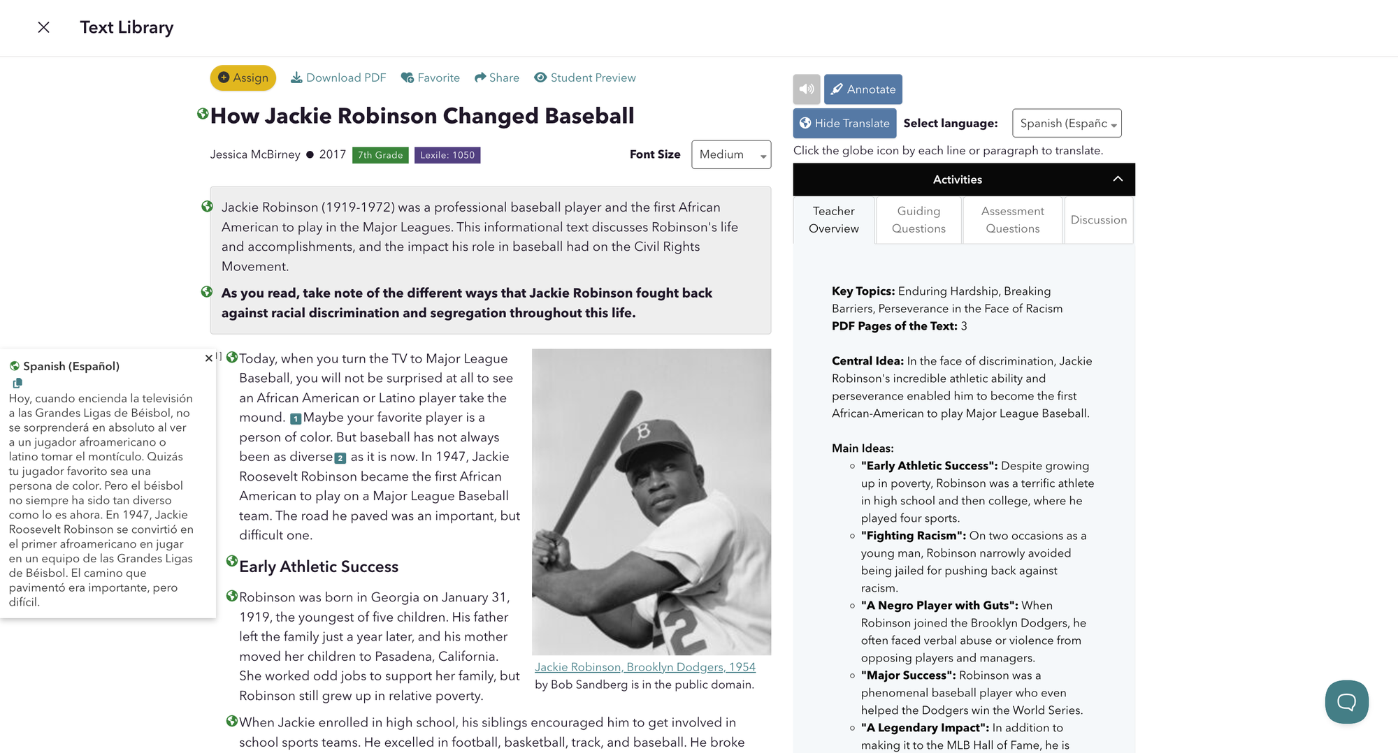 The CommonLit lesson "How Jackie Robinson Changed Baseball" with the Translation tool enabled in Spanish.